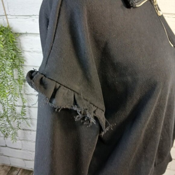 THE VINTAGE SHOP 1/4 ZIP FLEECE PULLOVER COLLARED TOP, BLACK, RUFFLED, SZ LARGE - Picture 5 of 10